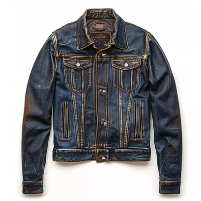 Trucker Leather Jacket For Men Real Lambskin Vintage Style Leather Jacket Blue