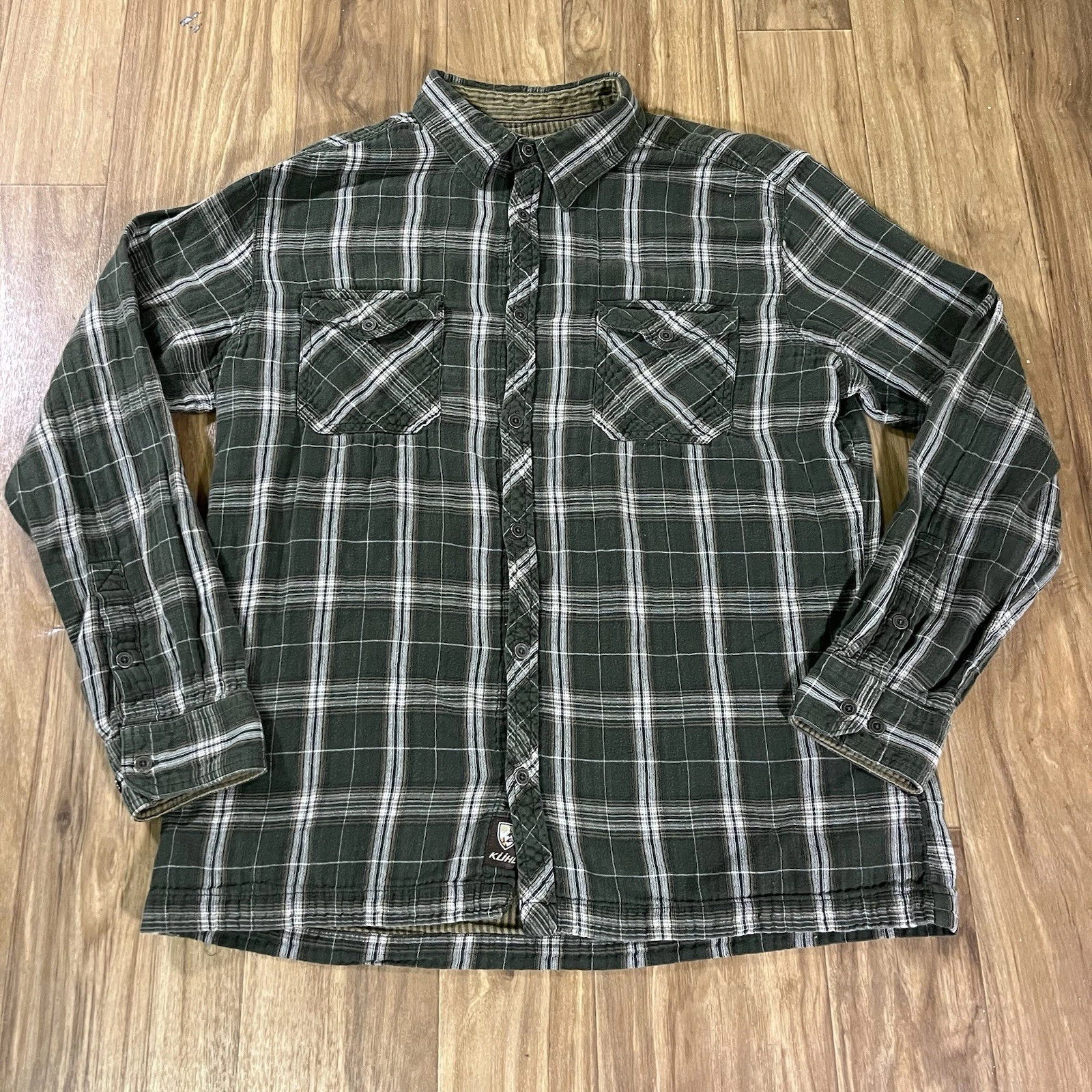 Kuhl Flannel Mens Large Green Gray Plaid 100% Cotton Hiking Shirt Outdoor Pocket
