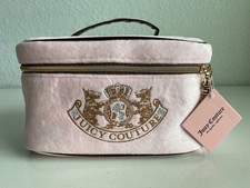 JUICY COUTURE Makeup Bag Travel Cosmetic Train Case Pink Velour Scottie Crown