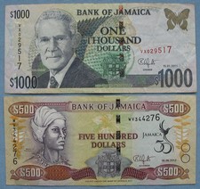Jamaica 2011 $1000 Dollars Banknote & 2012 $500 (notes bills)