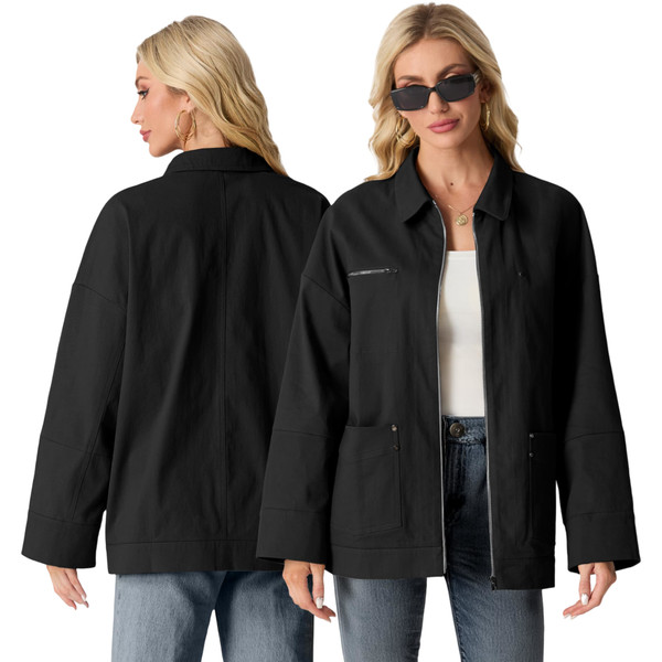 Damen Bomberjacke Cargo Baumwolle FrüHlings-ÜBergangs Schwarz XL-image
