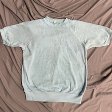 Vintage 60s 70s Light Blue Distressed Short Sleeve Crewneck Sweatshirt Size L