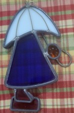 Vintage stained glass window hanging or standing suncatcher Girl W/umbrella