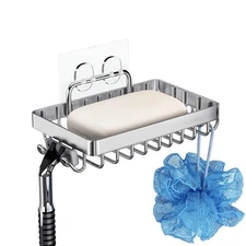 Shower Soap Holder with 4 Hooks, 304 Stainless Steel Adhesive Soap Dish, Silver