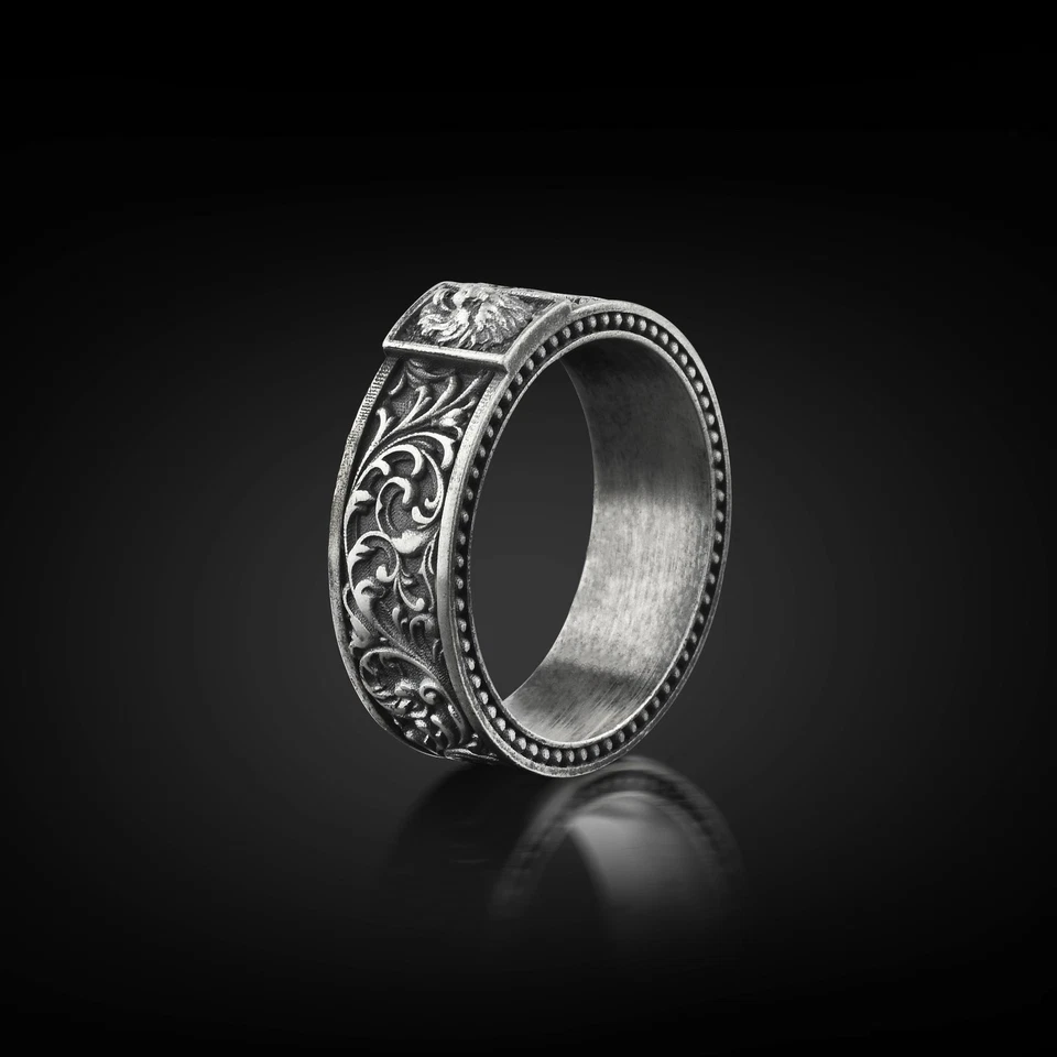 Bague ruban rugissement lion argent sterling oxydé chat sauvage zodiaque bijo... - Photo 3/4