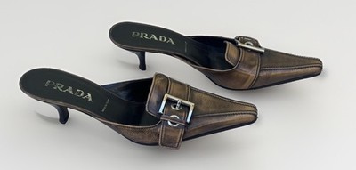 Prada Y2K VTG Burnished Brown Leather Buckle Mule Heels Pointed Square Toe Sz 40