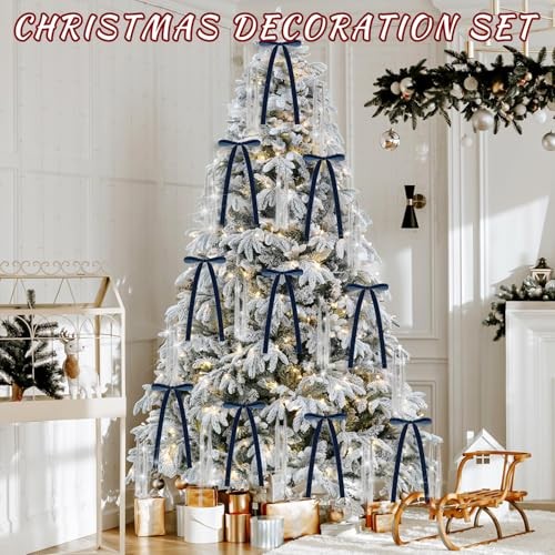 Set of 12 Pcs Vintage Velvet Bow and 3000 Strands Tinsel Icicles - 5.9" x Blue