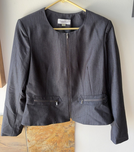 Calvin Klein Gray Cropped Zip-Front Blazer Jacket Women’s Size 14 Lined