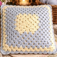 VTG Hand Crochet Throw Accent Pillow Granny Square Blue Yellow Grandma Cottage