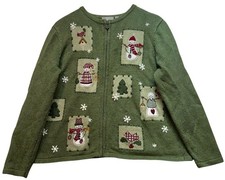 Croft  Barrow Womens Christmas Zip Up Cardigan Sweater Long Sleeve Size L Green