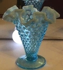 FENTON BLUE HOBNAIL OPALESCENT 7 3/4"T X 6 3/4"D RUFFED VASE