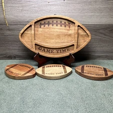 Fabulous Home 12”x 7” Acacia Board Football Shape Chips And Dip Tray  3 Coasters
