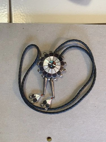 Zuni Sterling Silver Inlay Sunface Bolo Tie w/Fancy Tips Vintage Native American