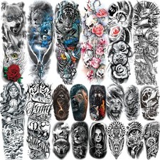 20 Sheets Colored Rose Flower Full Arm Temporary Tattoos For Men Large, Black