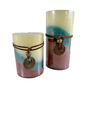 VTG NEW OLD STOCK 3" Pillar Candle Set 4" & 6" w Leather/Wood Dangles MILD SCENT