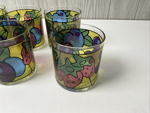 6 Vintage Tiffany-Style Stained Glass Fruit-Pattern Juice Glasses Grapes/Plums - Picture 5 of 11
