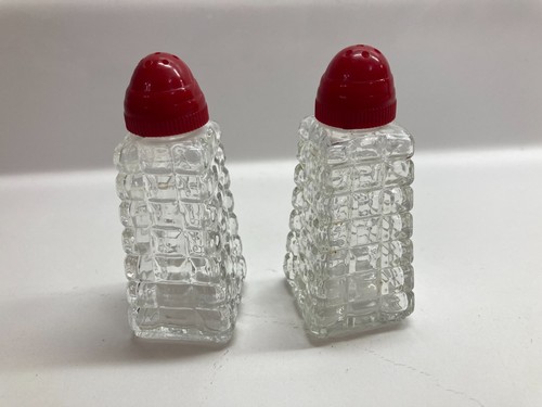 Vintage Clear Cut Glass SALT & PEPPER SHAKERS with Red Lids - Picture 13 of 13