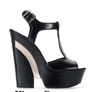 Vince Camuto Sz 7.5 Babe Platform Black Silver Leather T Strap