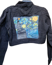 Star Jean Jacket Black Size M Starry Night Embellished Painted Boho Art