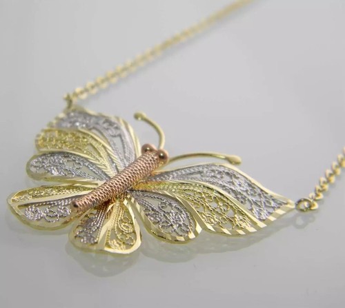 STATEMENT MAKER!!!! TRI COLOR 10KT GOLD BEAUTIFULL FILIGREE BUTTERFLY NECKLACE - 第 3/10 張圖片