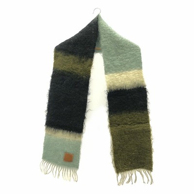 LOEWE Wool Mohair Anagram Leather Patch Fringe Stripe Scarf Multi Used KLDR-0