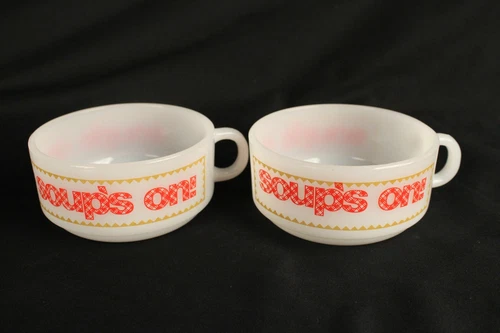 Mid Century Glasbake Milk Glass Soup's On Oversized Mug Bowl Set of 2 Vintage