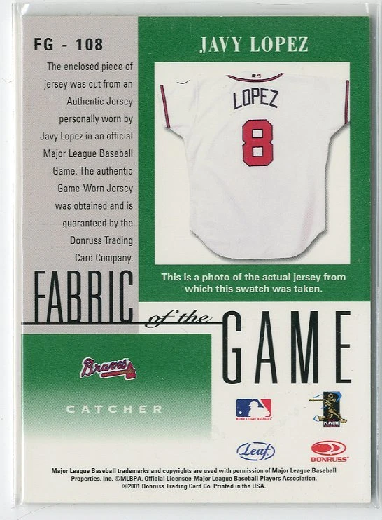 2001 Leaf Certified Materials Fabric of the Game #108BA Javy Lopez Jersey Card - Image 2 of 2