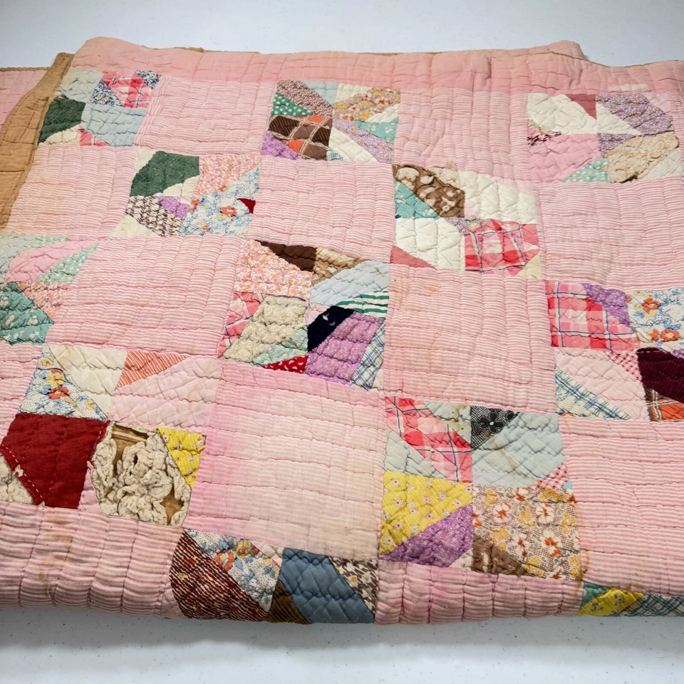 vintage handmade quilt twin patchwork pink feedsack cotton rustic primitive - Image 2 of 4