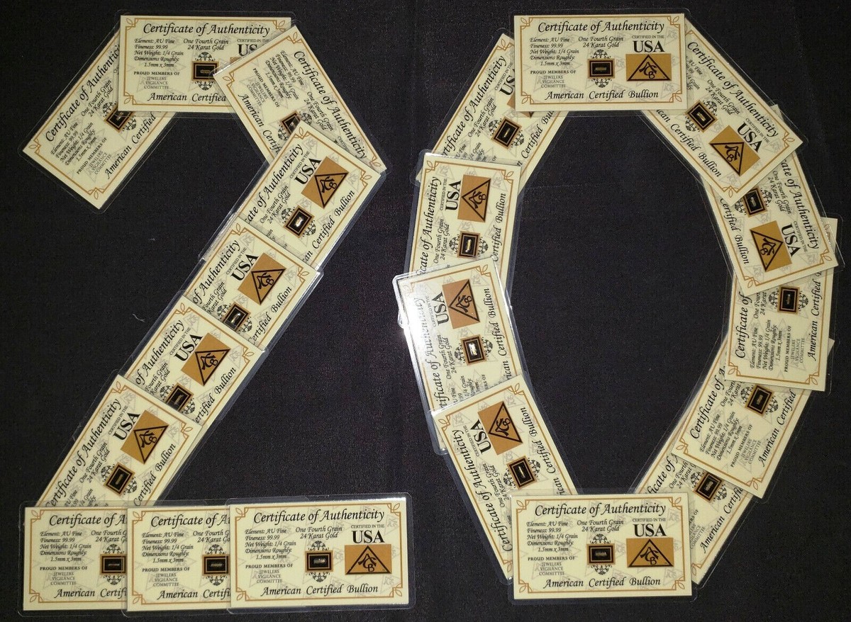 GOLD x20 ACB 1/4GRAIN 24K SOLID BULLION BAR 9999 FINE CERT