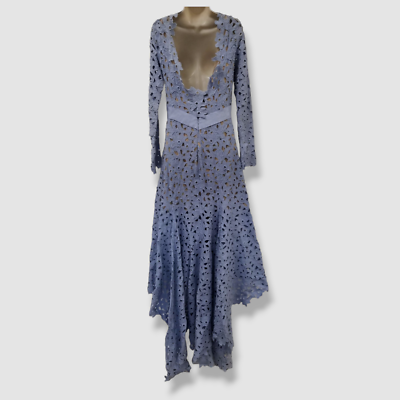 $6690 Oscar De La Renta Women's Blue Silk Eyelet High Neck Dress Size 12 |  eBay