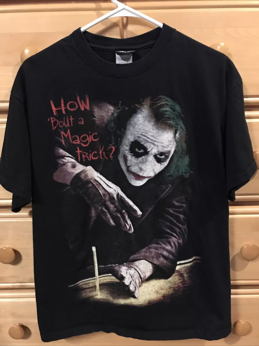 Prevail ret alkohol 2008 The Dark Knight The Joker T Shirt Size L Magic Trick Black Heath Ledger  | eBay