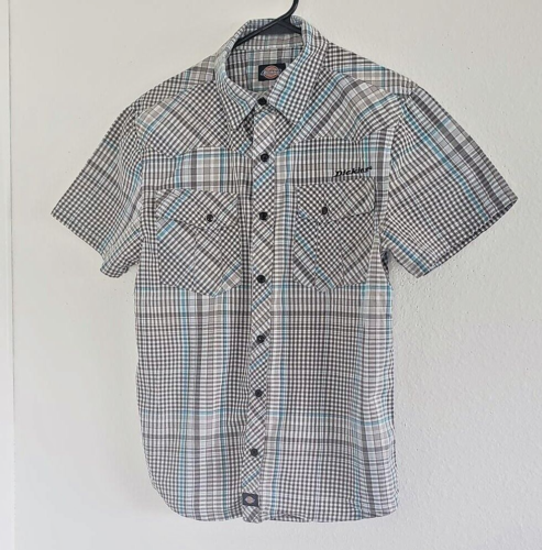 Dickies Boys Youth Brown & Blue Button Up Plaid Short Sleeve Shirt Size 14 - Picture 1 of 7