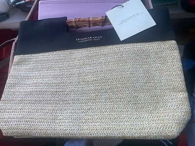 Donna Karan Cashmere Mist woven Straw Tote Bag / Hand bag / Bamboo style Handle