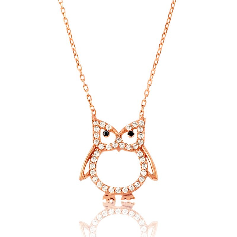 Sterling Silver Rose Gold CZ Open Owl Necklace 8990₽