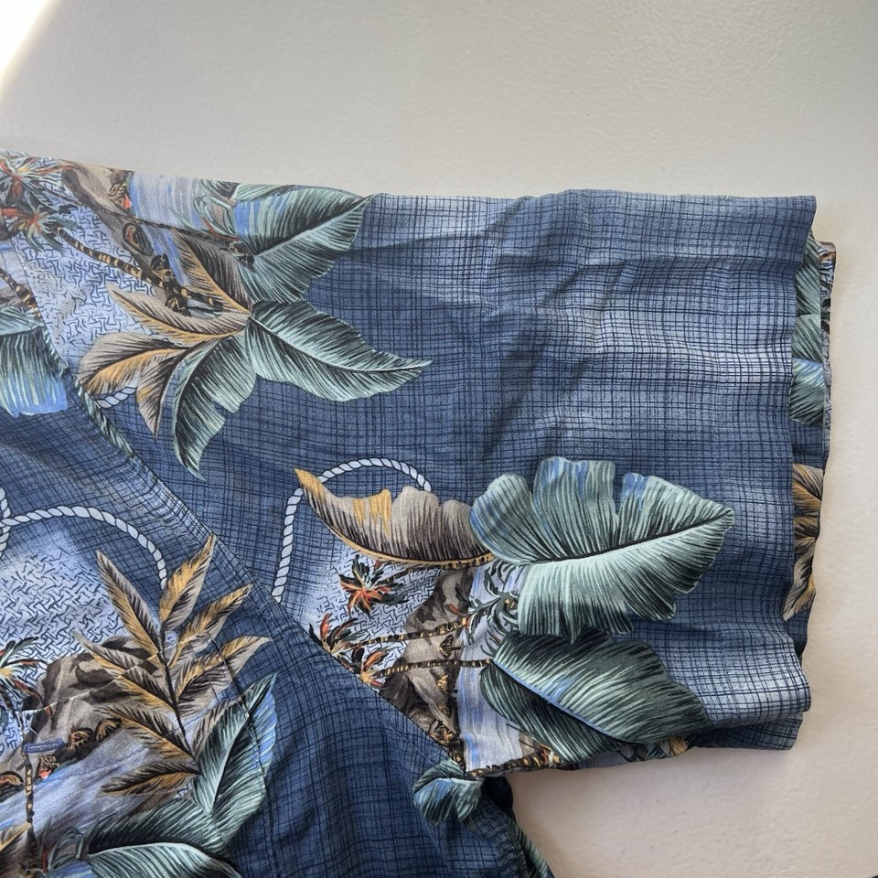 Batik Bay Aloha Hawaiian Shirt Large Blue Tiki Hut Palm Trees Leaves