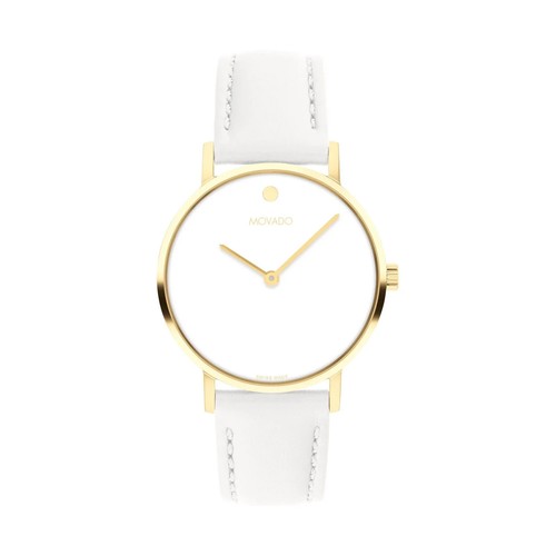 Reloj suizo Movado Signature para mujer esfera blanca correa de cuero blanco DORADO 32 mm - Imagen 3 de 4