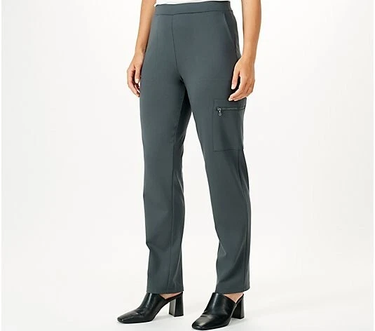 Susan Graver Supreme tricot jambe droite pantalon poche zippée élégant gris animal XL A547224