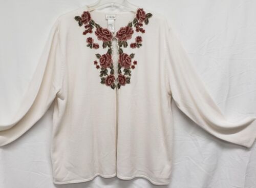 Vintage Koret Long Sleeve White Embroidered Floral Twins Sweater Top 2X