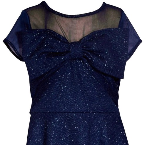 NEW Bonnie Jean Girls Size 12 "NAVY SPARKLE SCUBA" Bow Front Skater Dress NWT - Picture 2 of 4