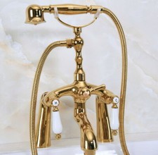 Deck Mount Gold Brass Bathroom Tub Hand Spray Shower Faucet Mixer Tap Set 2na133