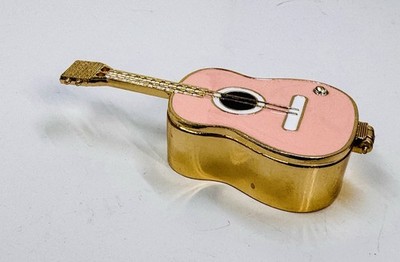 Pink Enamel & Gold Tone Guitar Trinket Box 4  X 2  Excellent Condition