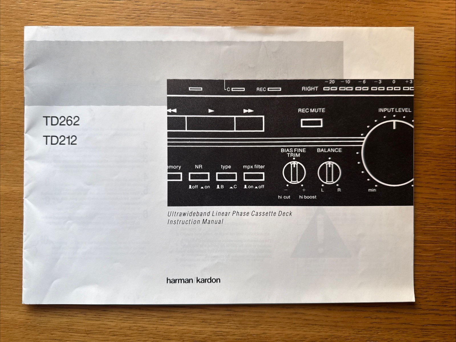 Harman Kardon Cassette Deck  TD262 TD212 Owner’s Instructions Manual - Original