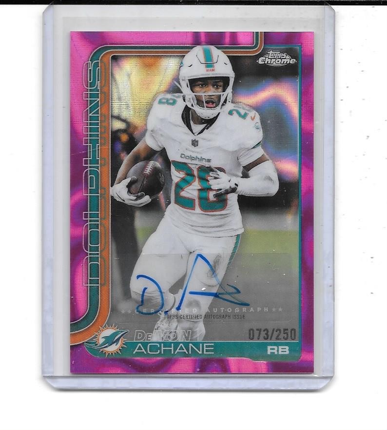 2025 TOPPS CHROME DE'VON ACHANE AUTO PINK REFRACTOR AUTOGRAPH # 73/250 DOLPHINS