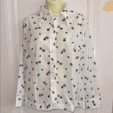 NWOT 70s Vtg Jantzen Green  White Polyester Shirt With Botanical Print