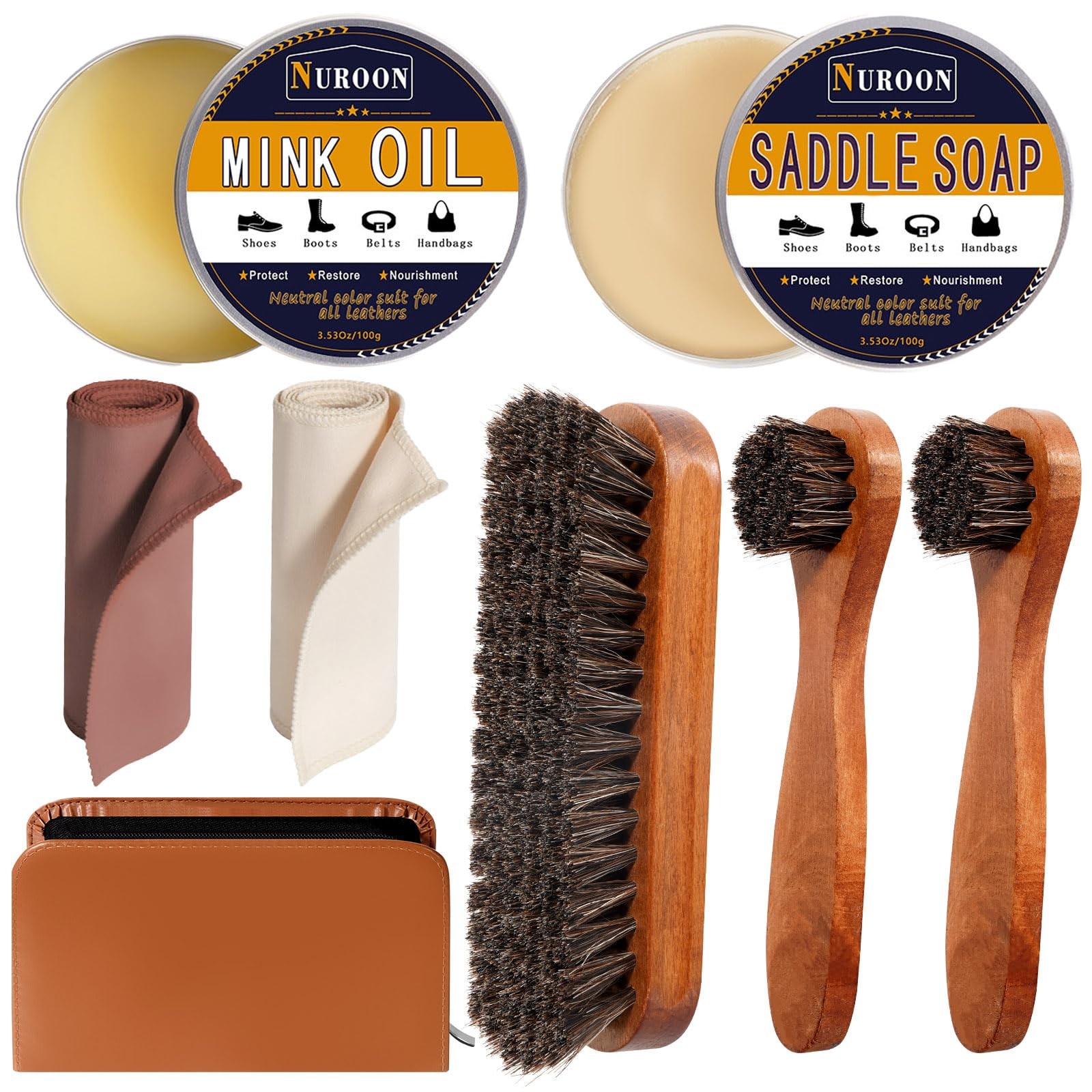 8-Piece Shoe Care Kit with Saddle Soap, Mink Oil & Leather Cleaner – 3.5oz Each