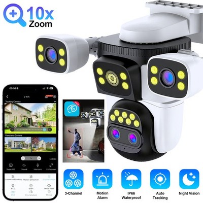 3 Lens Security Camera Outdoor WiFi 10X Zoom CCTV PTZ Camera Large Warehouse Cam
