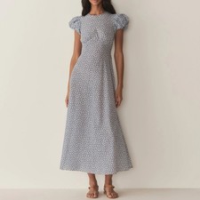 Women Doen Round Neck Floral Puff Sleeve A-line Midi Dress