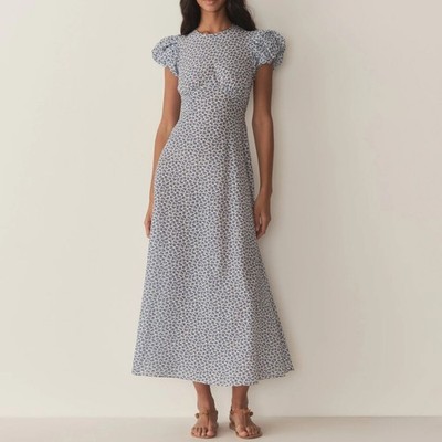 Women Doen Round Neck Floral Puff Sleeve A-line Midi Dress