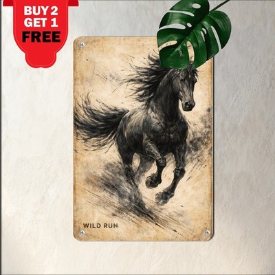 Abstract Running Black Horse Equestrian Wild Stallion Metal Tin Sign 8x12