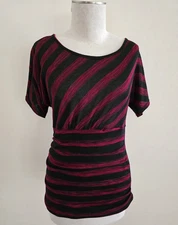 AB Studio Top Red Black Striped Short Sleeve Ruched Size M